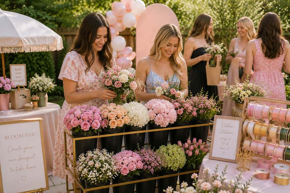 Two guests picking flowers together at a Poppy Party Rentals bloom bar