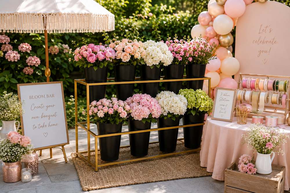 A styled bloom bar with a fringe umbrella and balloon garland at a backyard event