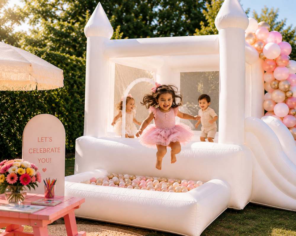 A little girl mid-jump in Poppy Party Rentals' white bounce house with ball pit, at a birthday party