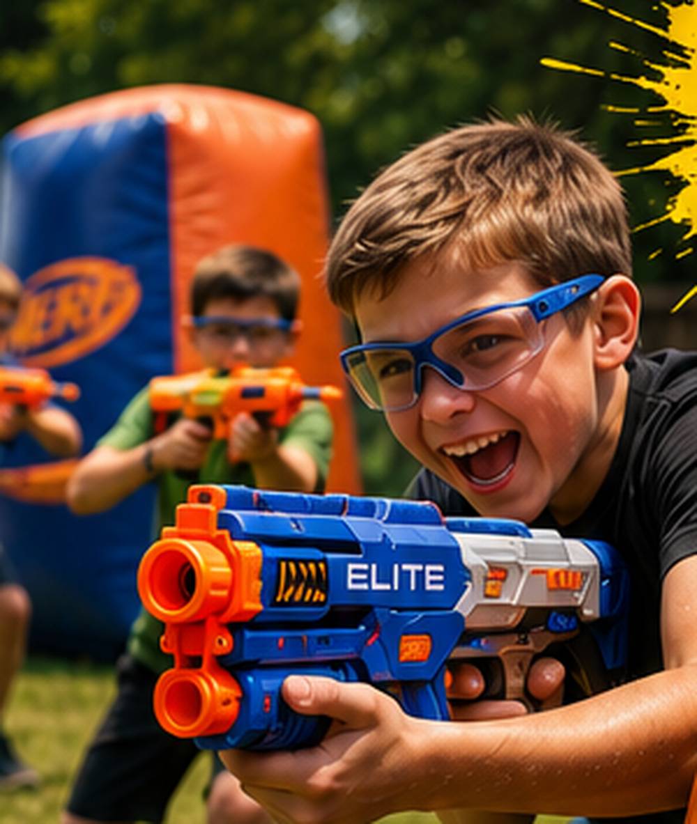 A boy aiming a Nerf blaster during a backyard Nerf battle party, with inflatable bunkers behind him